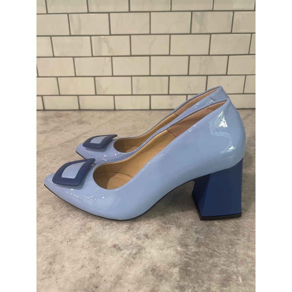 Girotti Pumps Women 38 Blue Patent Leather Block Heel Buckle Pointed Toe Shoes